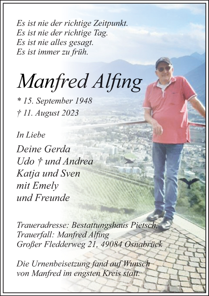  Traueranzeige für Manfred Alfing vom 26.08.2023 aus Neue Osnabrücker Zeitung GmbH & Co. KG