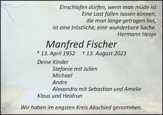 Traueranzeige von Manfred Fischer von Neue Osnabrücker Zeitung GmbH & Co. KG