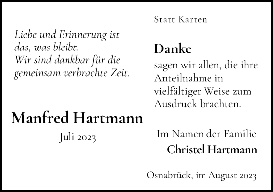 Traueranzeige von Manfred Hartmann von Neue Osnabrücker Zeitung GmbH & Co. KG