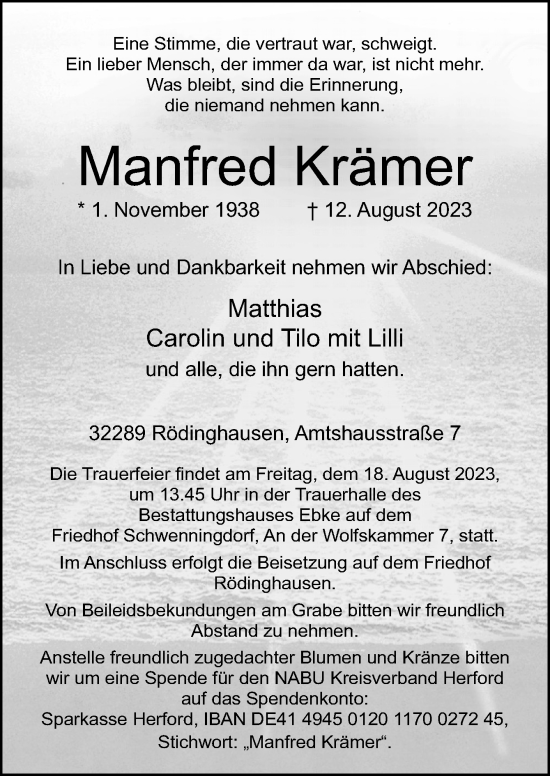 Traueranzeige von Manfred Krämer von Neue Osnabrücker Zeitung GmbH & Co. KG