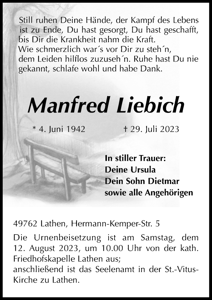  Traueranzeige für Manfred Liebich vom 02.08.2023 aus Neue Osnabrücker Zeitung GmbH & Co. KG