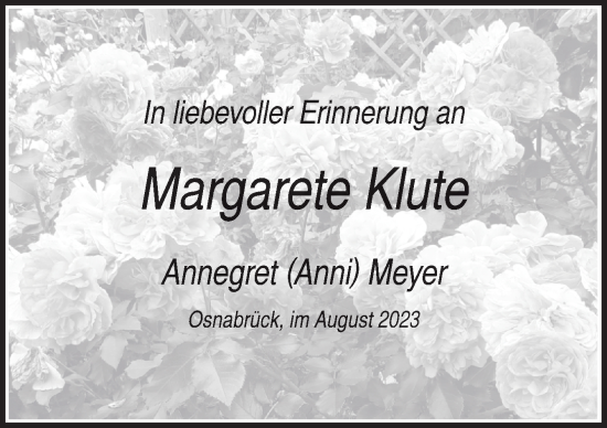 Traueranzeige von Margarete Klute von Neue Osnabrücker Zeitung GmbH & Co. KG