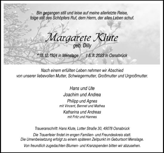 Traueranzeige von Margarete Klute von Neue Osnabrücker Zeitung GmbH & Co. KG