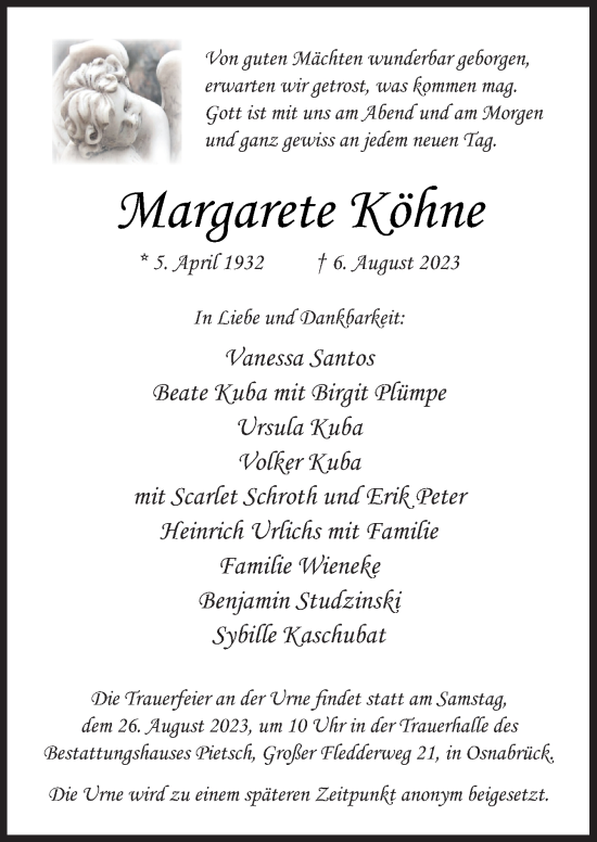 Traueranzeige von Margarete Köhne von Neue Osnabrücker Zeitung GmbH & Co. KG