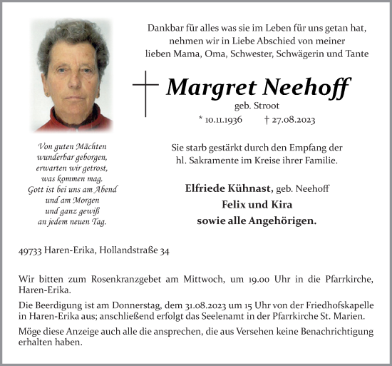 Traueranzeige von Margret Neehoff von Neue Osnabrücker Zeitung GmbH & Co. KG