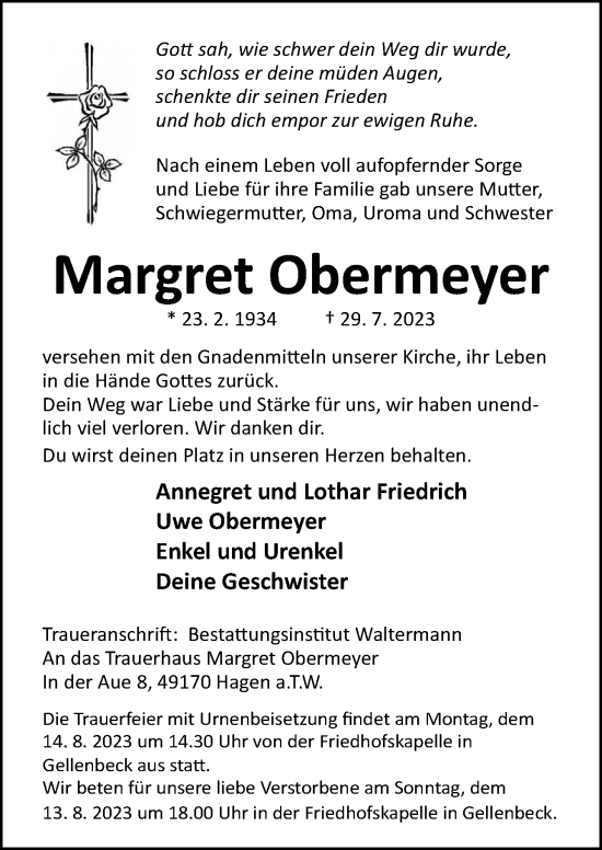Traueranzeige von Margret Obermeyer von Neue Osnabrücker Zeitung GmbH & Co. KG