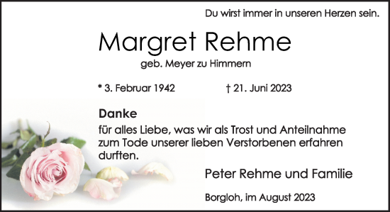 Traueranzeige von Margret Rehme von Neue Osnabrücker Zeitung GmbH & Co. KG