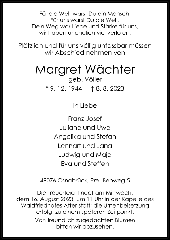 Traueranzeige von Margret Wächter von Neue Osnabrücker Zeitung GmbH & Co. KG