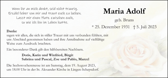 Traueranzeige von Maria Adolf von Neue Osnabrücker Zeitung GmbH & Co. KG