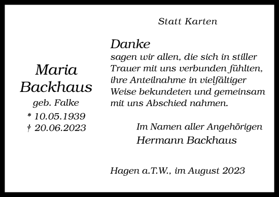 Traueranzeige von Maria Backhaus von Neue Osnabrücker Zeitung GmbH & Co. KG