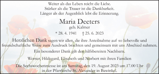 Traueranzeige von Maria Deeters von Neue Osnabrücker Zeitung GmbH & Co. KG