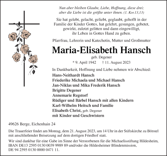 Traueranzeige von Maria-Elisabeth Hansch von Neue Osnabrücker Zeitung GmbH & Co. KG