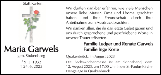Traueranzeige von Maria Garwels von Neue Osnabrücker Zeitung GmbH & Co. KG