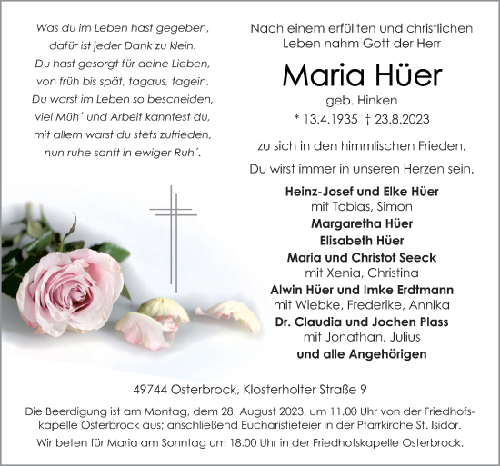 Traueranzeige von Maria Hüer von Neue Osnabrücker Zeitung GmbH & Co. KG