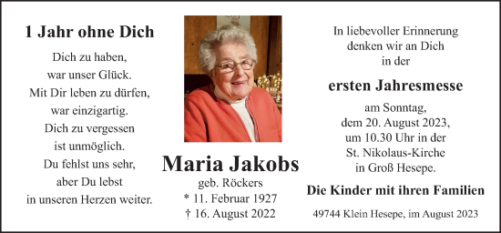 Traueranzeige von Maria Jakobs von Neue Osnabrücker Zeitung GmbH & Co. KG