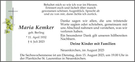 Traueranzeige von Maria Kemker von Neue Osnabrücker Zeitung GmbH & Co. KG