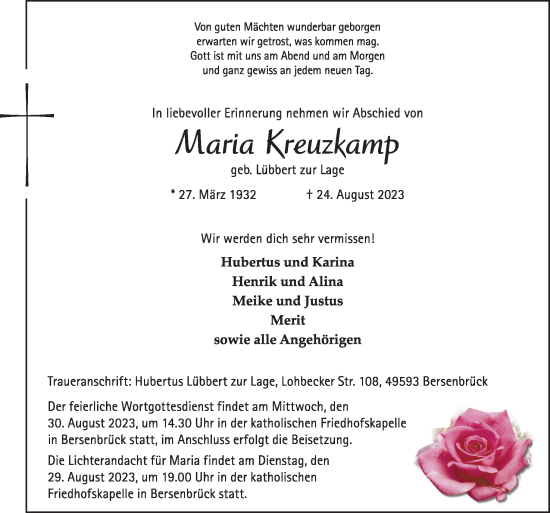 Traueranzeige von Maria Kreuzkamp von Neue Osnabrücker Zeitung GmbH & Co. KG