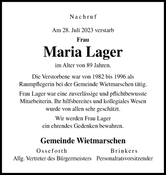 Traueranzeige von Maria Lager von Neue Osnabrücker Zeitung GmbH & Co. KG