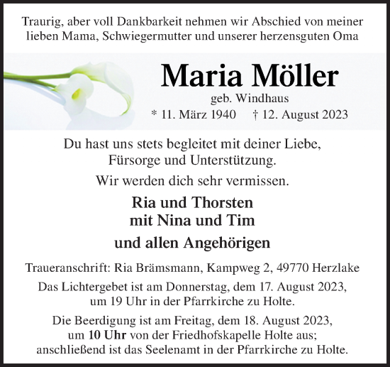 Traueranzeige von Maria Möller von Neue Osnabrücker Zeitung GmbH & Co. KG