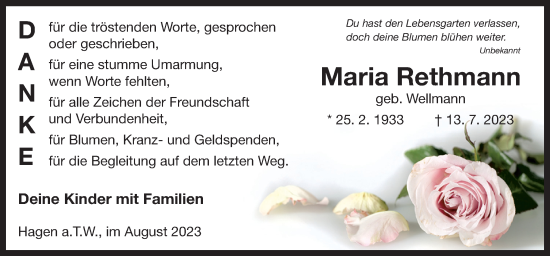 Traueranzeige von Maria Rethmann von Neue Osnabrücker Zeitung GmbH & Co. KG