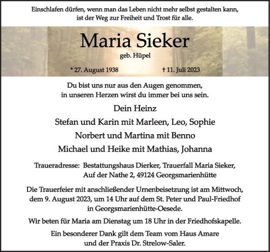 Traueranzeige von Maria Sieker von Neue Osnabrücker Zeitung GmbH & Co. KG
