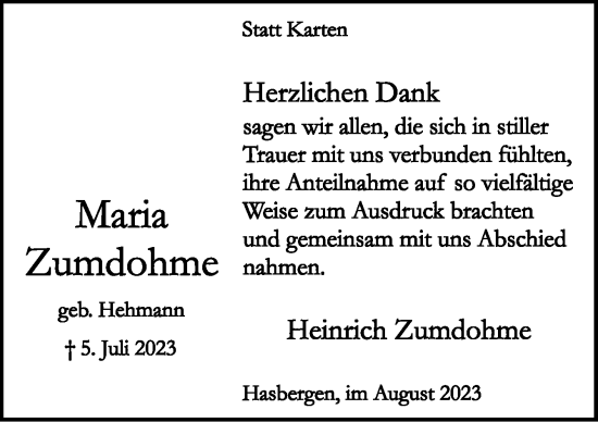 Traueranzeige von Maria Zumdohme von Neue Osnabrücker Zeitung GmbH & Co. KG