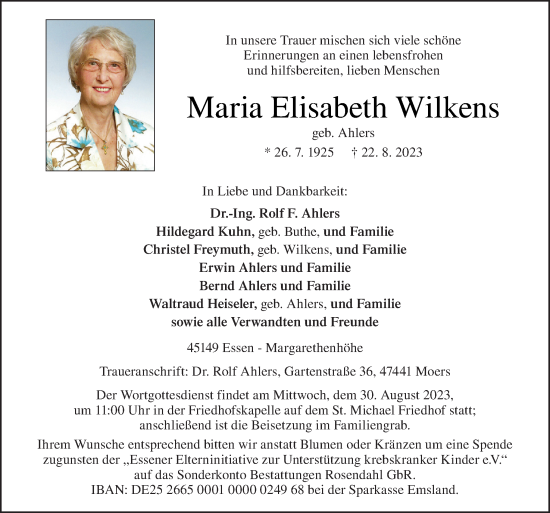 Traueranzeige von Maria Elisabeth Wilkens von Neue Osnabrücker Zeitung GmbH & Co. KG