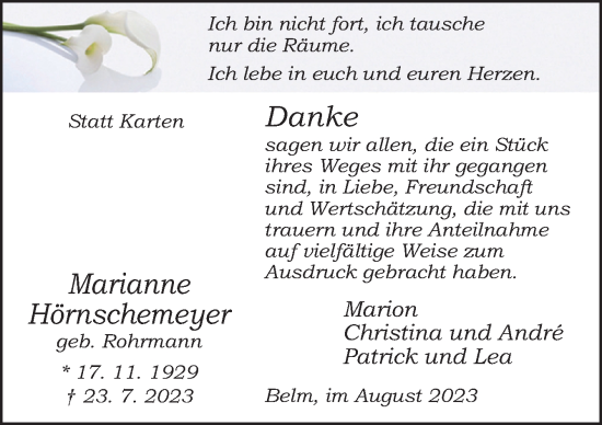 Traueranzeige von Marianne Hörnschemeyer von Neue Osnabrücker Zeitung GmbH & Co. KG