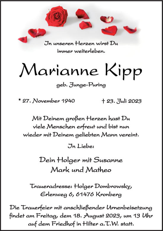 Traueranzeige von Marianne Kipp von Neue Osnabrücker Zeitung GmbH & Co. KG