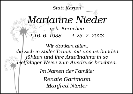 Traueranzeige von Marianne Nieder von Neue Osnabrücker Zeitung GmbH & Co. KG