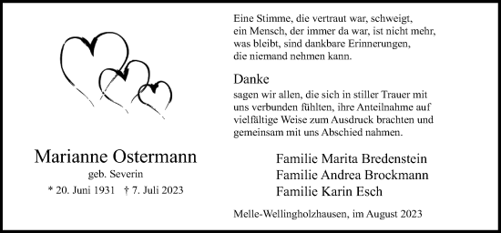 Traueranzeige von Marianne Ostermann von Neue Osnabrücker Zeitung GmbH & Co. KG