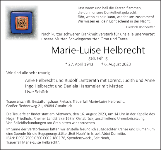 Traueranzeige von Marie-Luise Helbrecht von Neue Osnabrücker Zeitung GmbH & Co. KG
