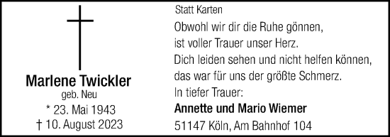 Traueranzeige von Marlene Twickler von Neue Osnabrücker Zeitung GmbH & Co. KG