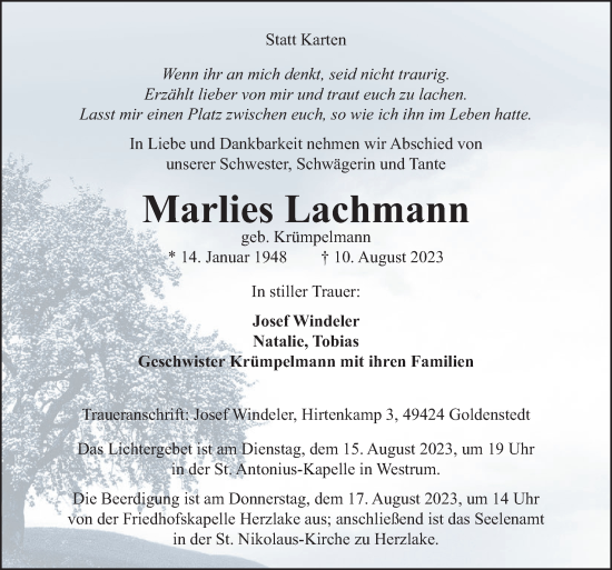 Traueranzeige von Marlies Lachmann von Neue Osnabrücker Zeitung GmbH & Co. KG
