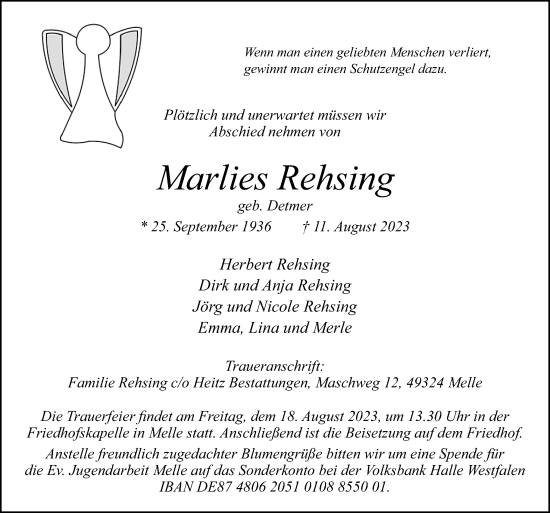 Traueranzeige von Marlies Rehsing von Neue Osnabrücker Zeitung GmbH & Co. KG