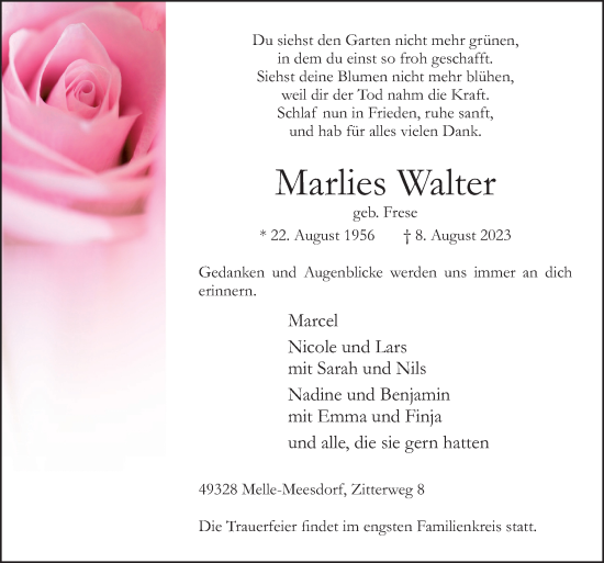 Traueranzeige von Marlies Walter von Neue Osnabrücker Zeitung GmbH & Co. KG