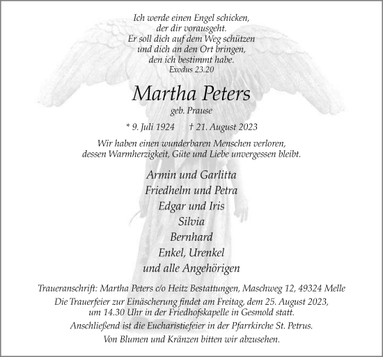 Traueranzeige von Martha Peters von Neue Osnabrücker Zeitung GmbH & Co. KG