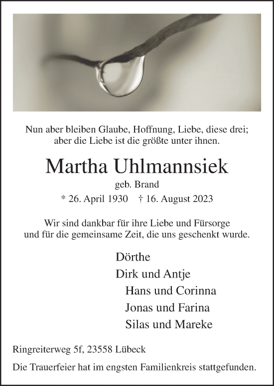 Traueranzeige von Martha Uhlmannsiek von Neue Osnabrücker Zeitung GmbH & Co. KG