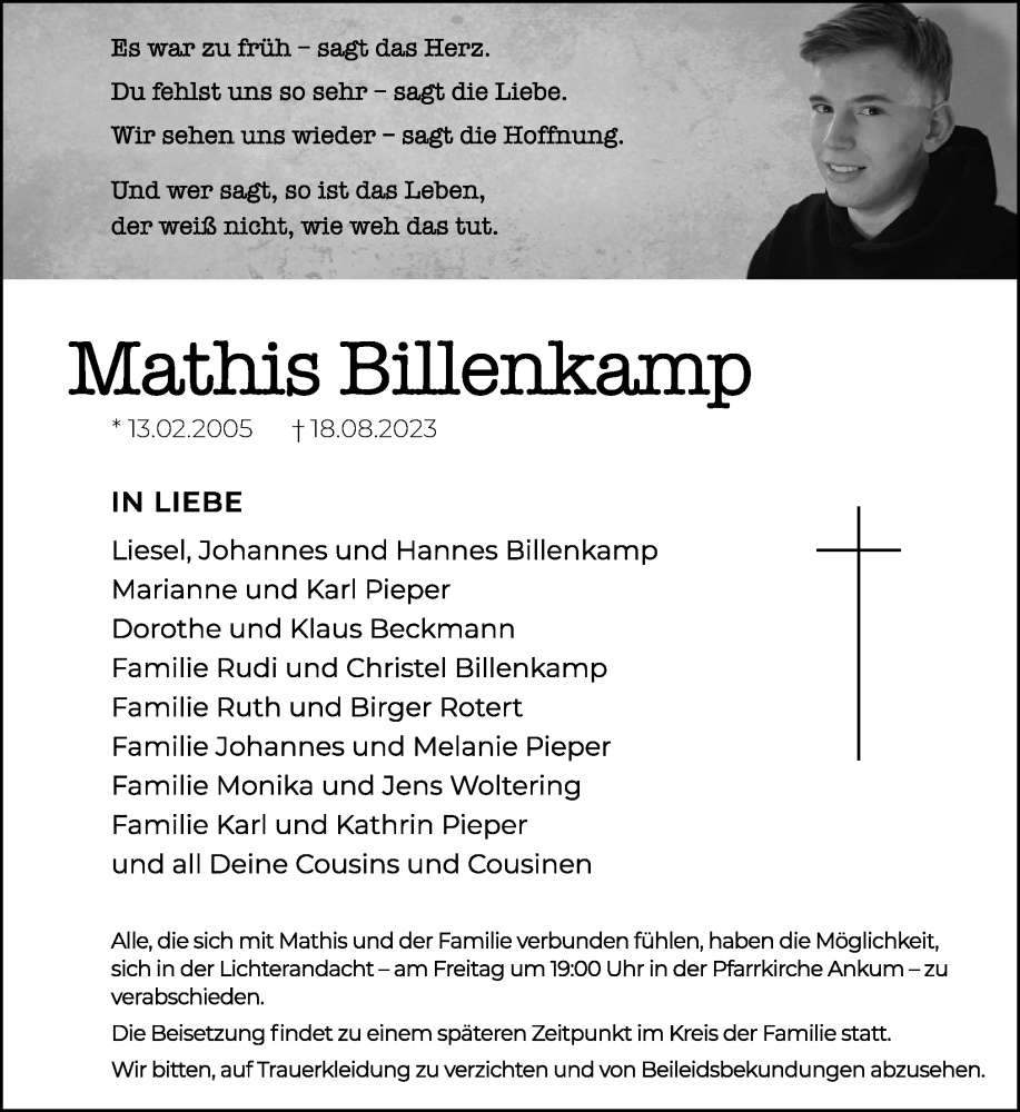  Traueranzeige für Mathis Billenkamp vom 23.08.2023 aus Neue Osnabrücker Zeitung GmbH & Co. KG