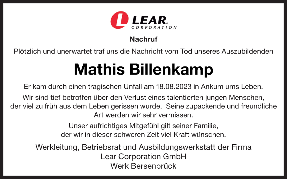  Traueranzeige für Mathis Billenkamp vom 26.08.2023 aus Neue Osnabrücker Zeitung GmbH & Co. KG