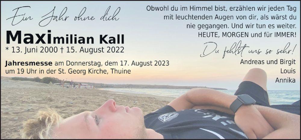  Traueranzeige für Maximilian Kall vom 15.08.2023 aus Neue Osnabrücker Zeitung GmbH & Co. KG
