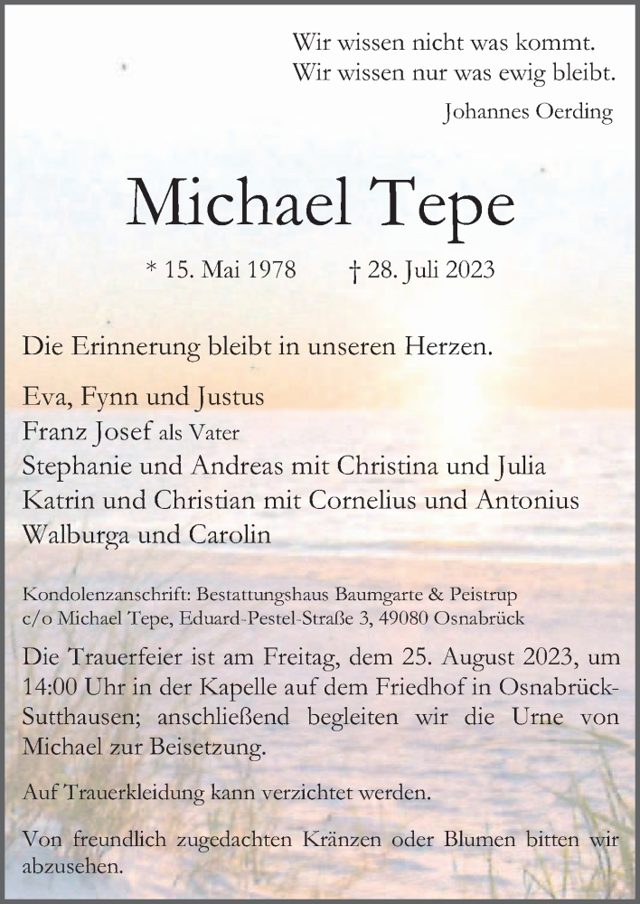  Traueranzeige für Michael Tepe vom 12.08.2023 aus Neue Osnabrücker Zeitung GmbH & Co. KG