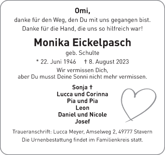 Traueranzeige von Monika Eickelpasch von Neue Osnabrücker Zeitung GmbH & Co. KG