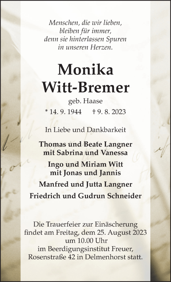 Traueranzeige von Monika Witt-Bremer von DK Medien GmbH & Co. KG