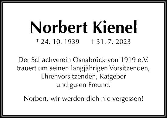 Traueranzeige von Norbert Kienel von Neue Osnabrücker Zeitung GmbH & Co. KG