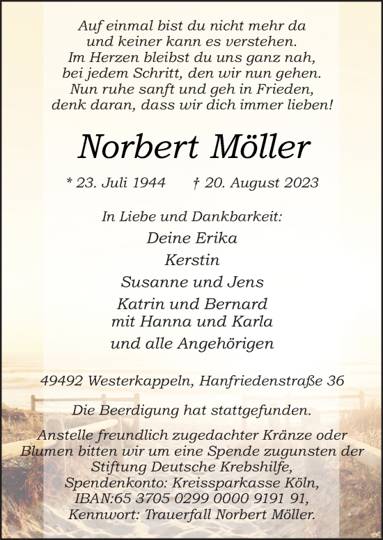 Traueranzeige von Norbert Möller von Neue Osnabrücker Zeitung GmbH & Co. KG