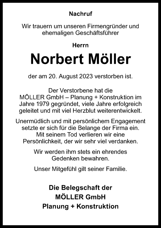 Traueranzeige von Norbert Möller von Neue Osnabrücker Zeitung GmbH & Co. KG