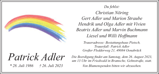 Traueranzeige von Patrick Adler von Neue Osnabrücker Zeitung GmbH & Co. KG