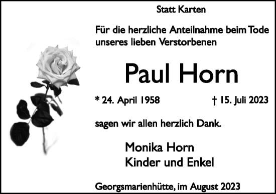 Traueranzeige von Paul Horn von Neue Osnabrücker Zeitung GmbH & Co. KG