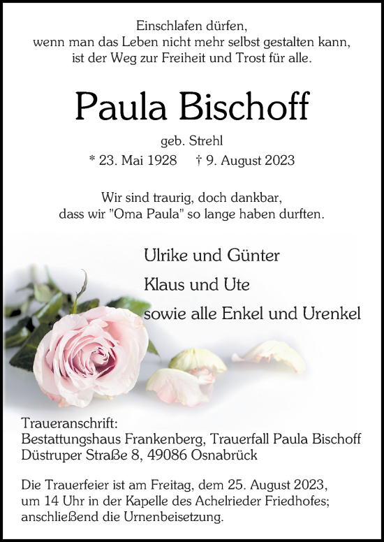 Traueranzeige von Paula Bischoff von Neue Osnabrücker Zeitung GmbH & Co. KG
